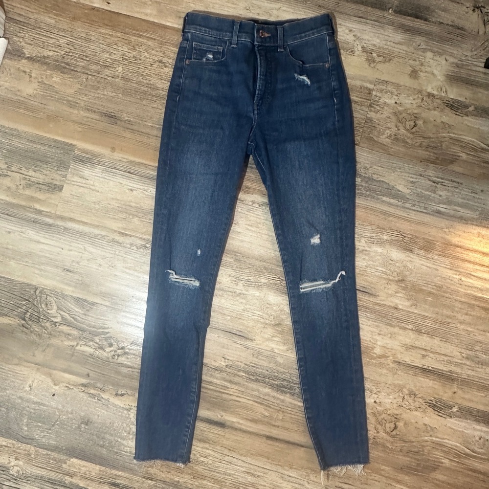 Express Skinny High Rise Distressed Raw Hem Jeans Medium Wash Blue Size 0R